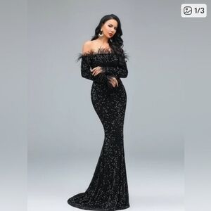 Miss Ord Off The Shoulder Black Sequin Formal Gown